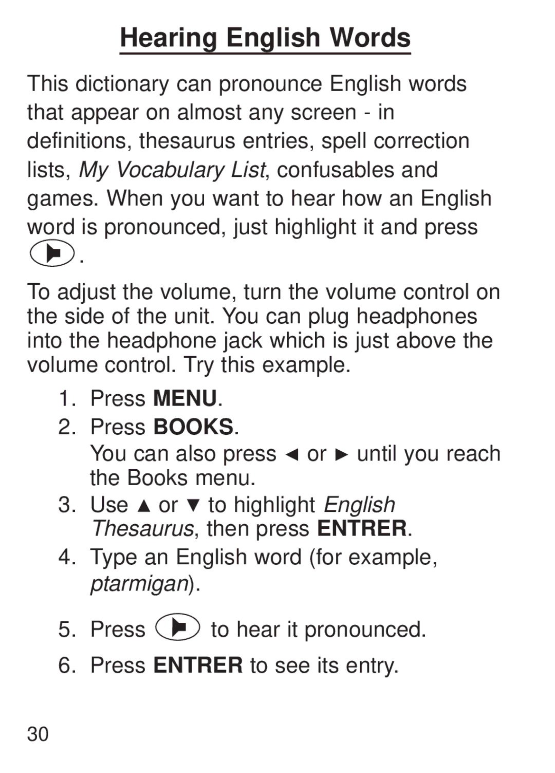 Franklin FQS-1870 manual Hearing English Words 