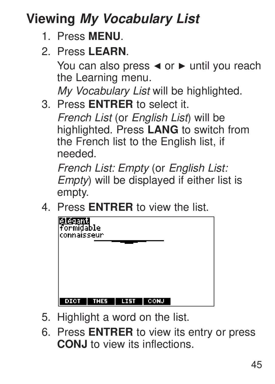 Franklin FQS-1870 manual Viewing My Vocabulary List 