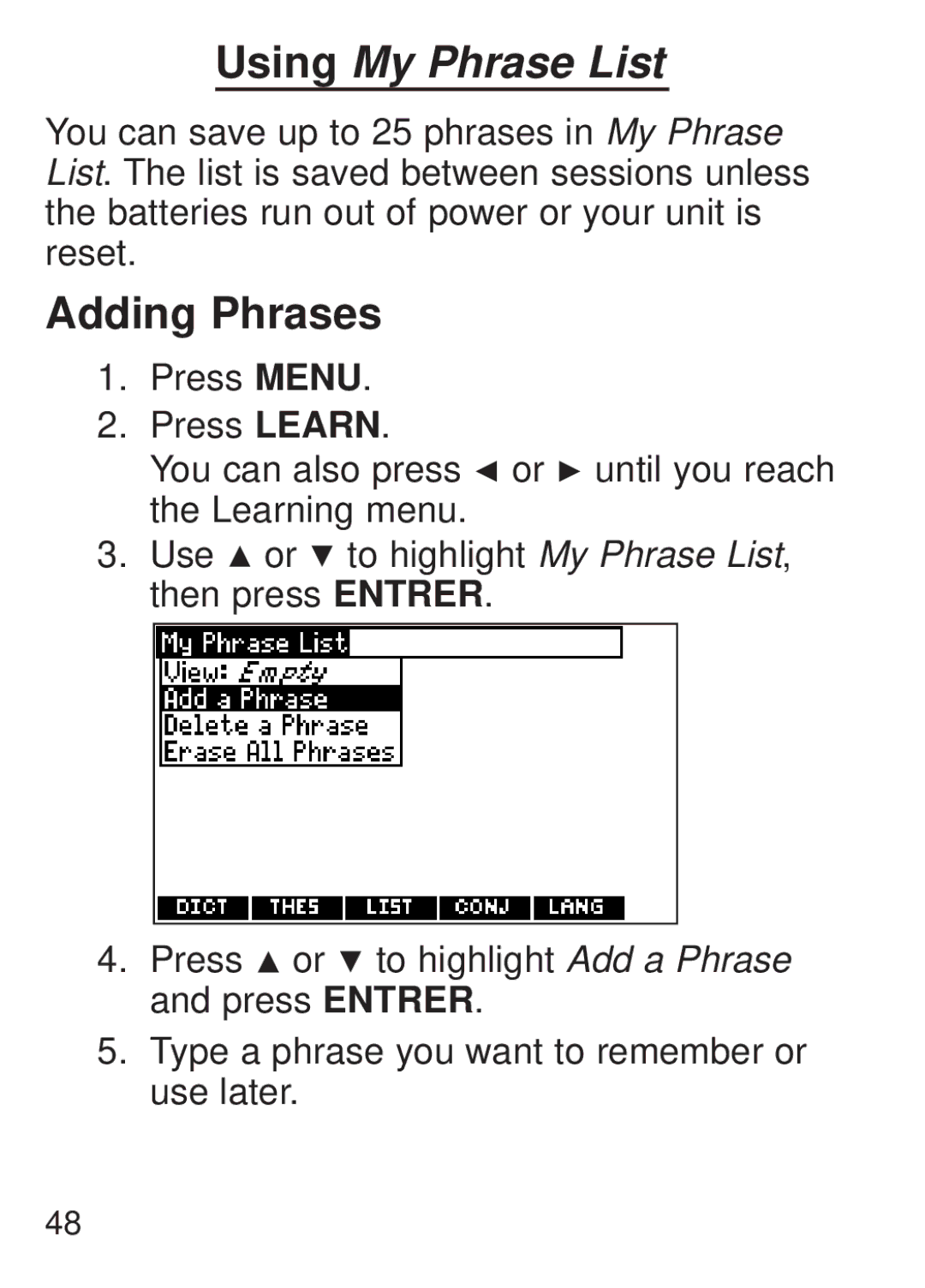 Franklin FQS-1870 manual Using My Phrase List, Adding Phrases 