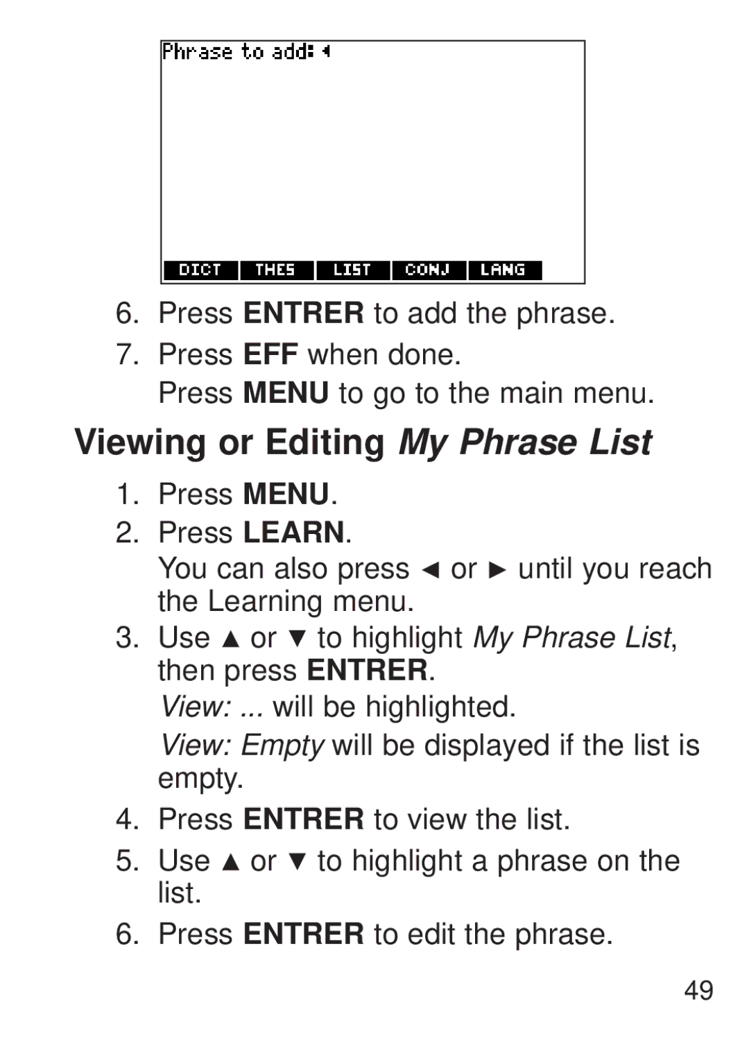 Franklin FQS-1870 manual Viewing or Editing My Phrase List 