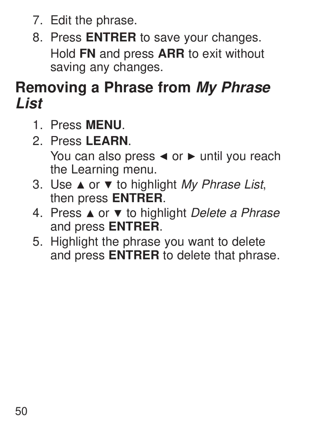 Franklin FQS-1870 manual Removing a Phrase from My Phrase List 