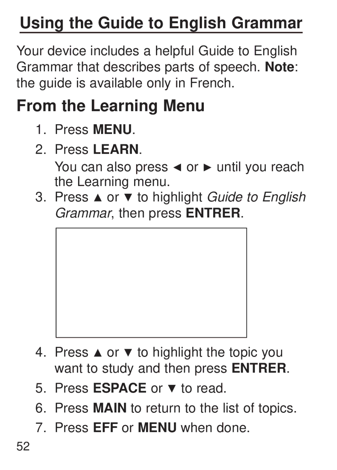 Franklin FQS-1870 manual Using the Guide to English Grammar, From the Learning Menu 