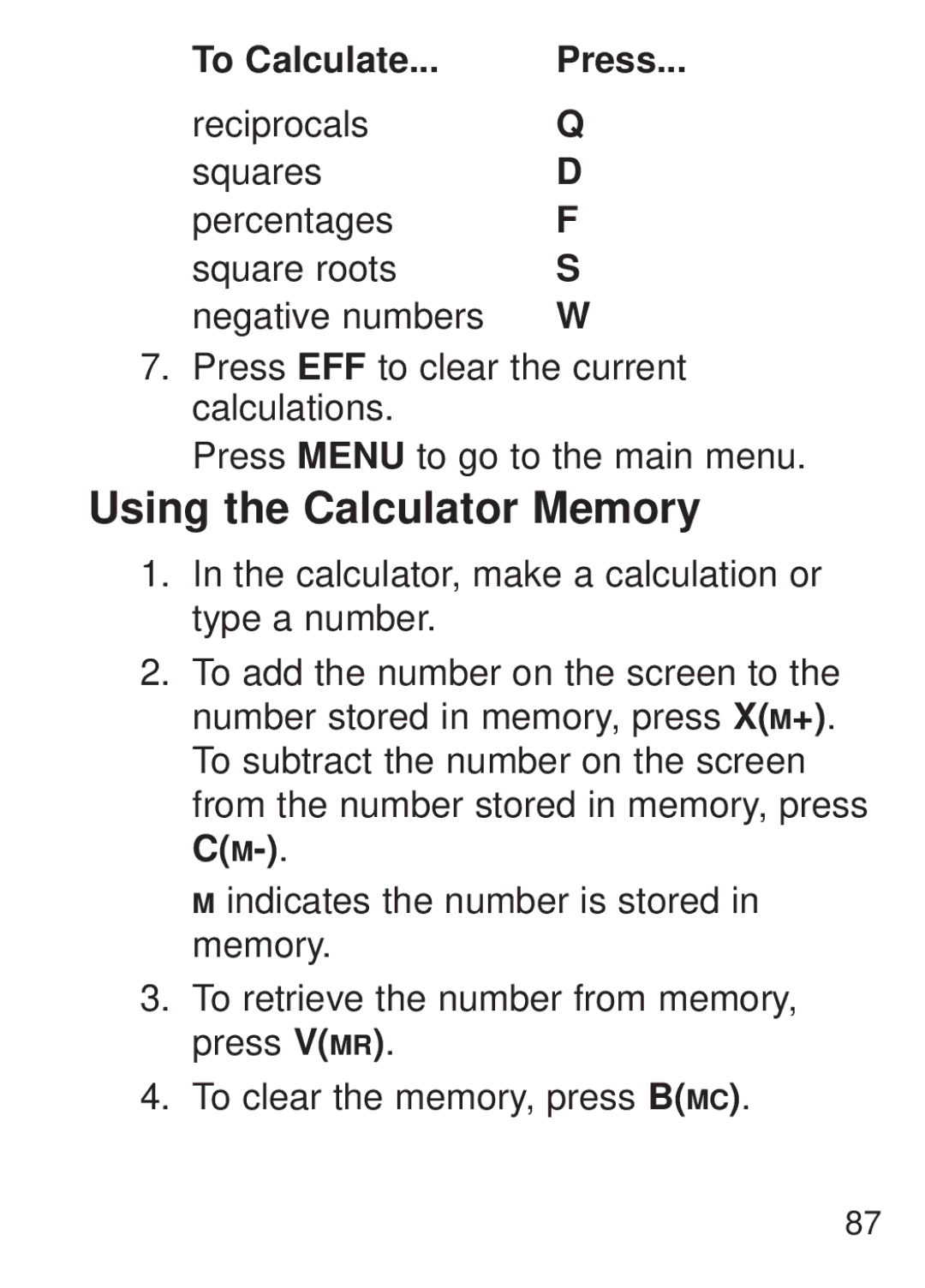 Franklin FQS-1870 manual Using the Calculator Memory 