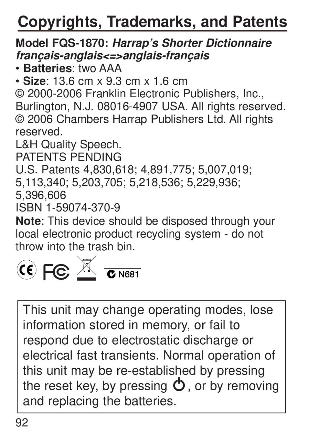 Franklin FQS-1870 manual Copyrights, Trademarks, and Patents, Batteries two AAA 