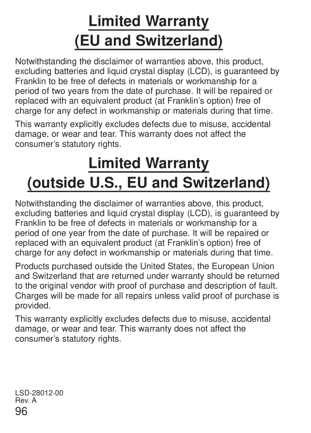 Franklin FQS-1870 manual Limited Warranty EU and Switzerland, Limited Warranty Outside U.S., EU and Switzerland 