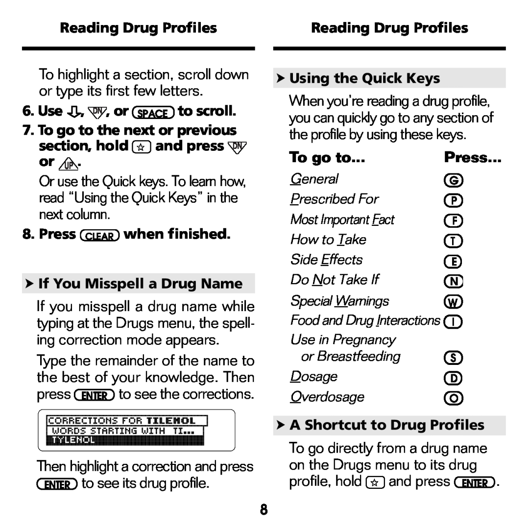 Franklin GWH-2055 manual To go to, Press, Reading Drug Profiles, Use , DN , or SPACE to scroll, A Shortcut to Drug Profiles 