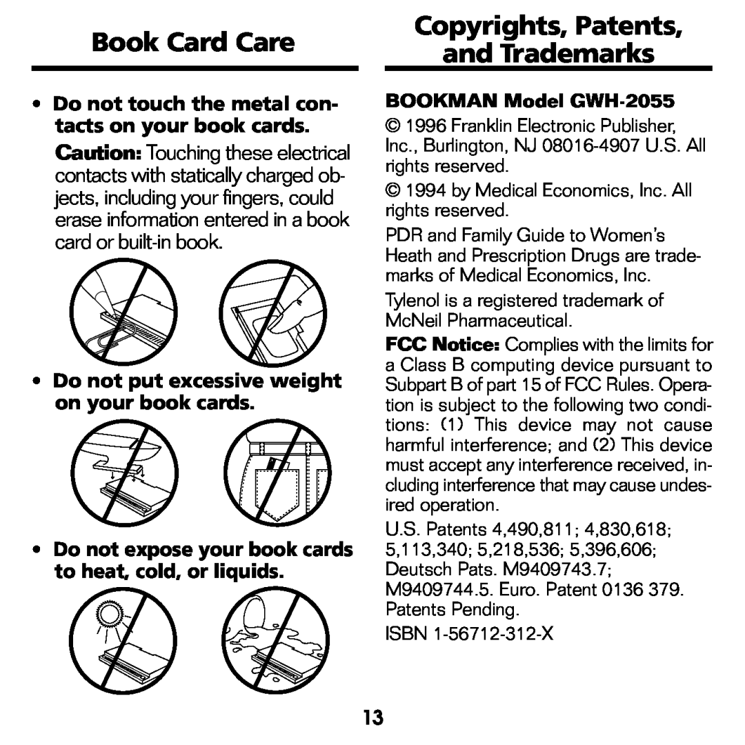 Franklin GWH-2055 Book Card Care, Copyrights, Patents and Trademarks, Do not touch the metal con- tacts on your book cards 