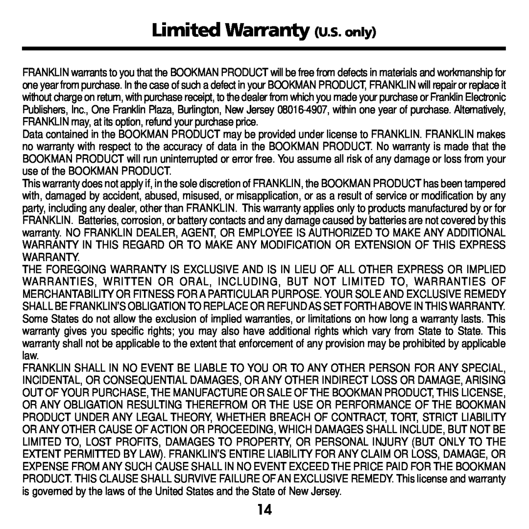 Franklin GWH-2055 manual Limited Warranty U.S. only 