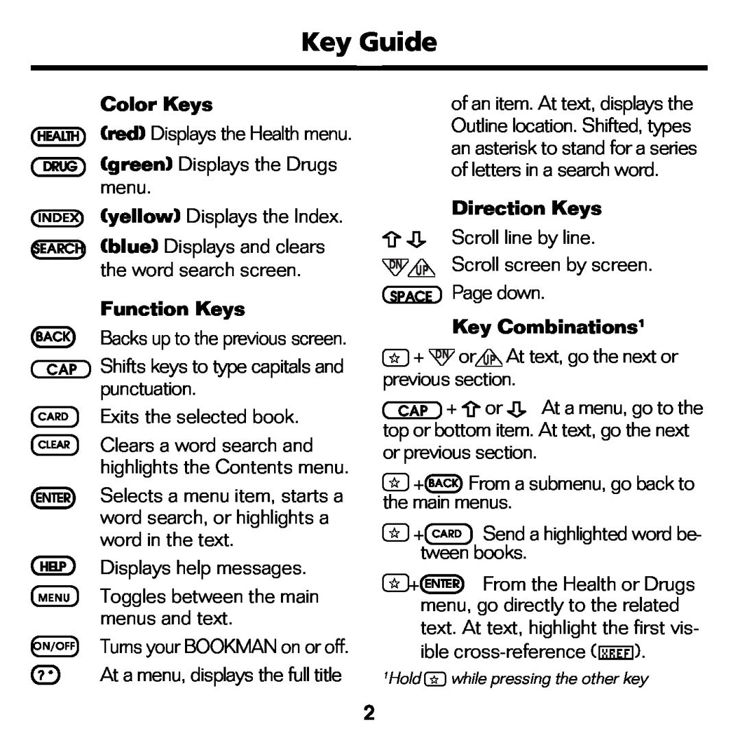 Franklin GWH-2055 manual Key Guide, Color Keys, Function Keys, Direction Keys, Key Combinations1 