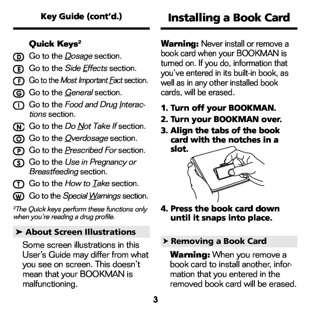 Franklin GWH-2055 manual Installing a Book Card, D Go to the Dosage section E Go to the Side Effects section 