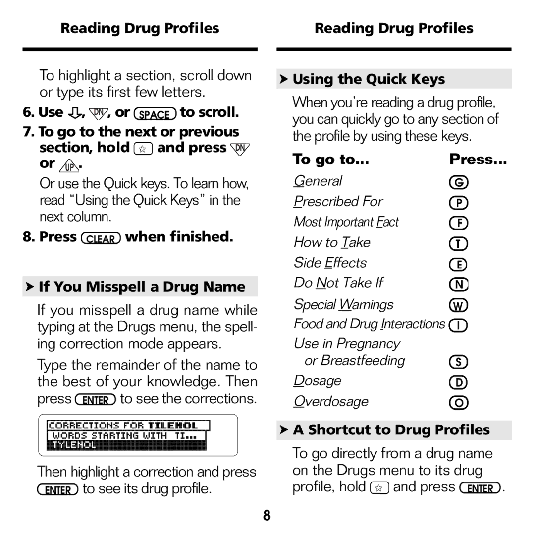 Franklin GWH-2055 Reading Drug Profiles, Press Clear when finished If You Misspell a Drug Name, Shortcut to Drug Profiles 