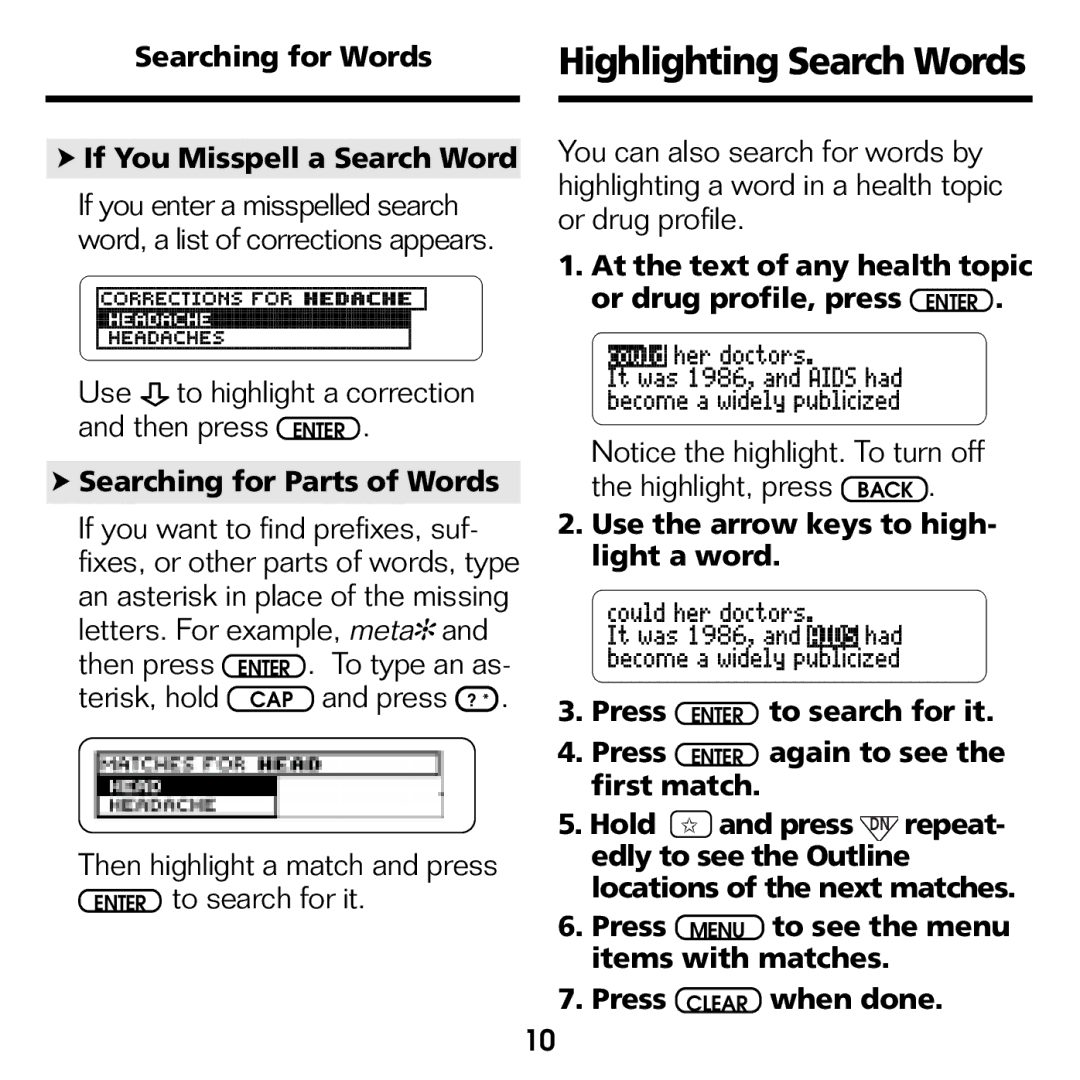 Franklin GWH-2055 manual Highlighting Search Words, Searching for Words If You Misspell a Search Word 