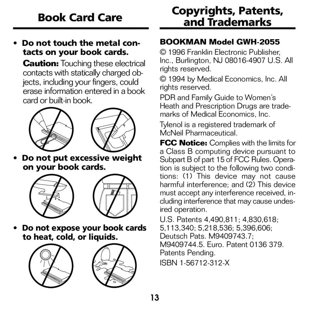 Franklin GWH-2055 manual Book Card Care, Copyrights, Patents Trademarks 