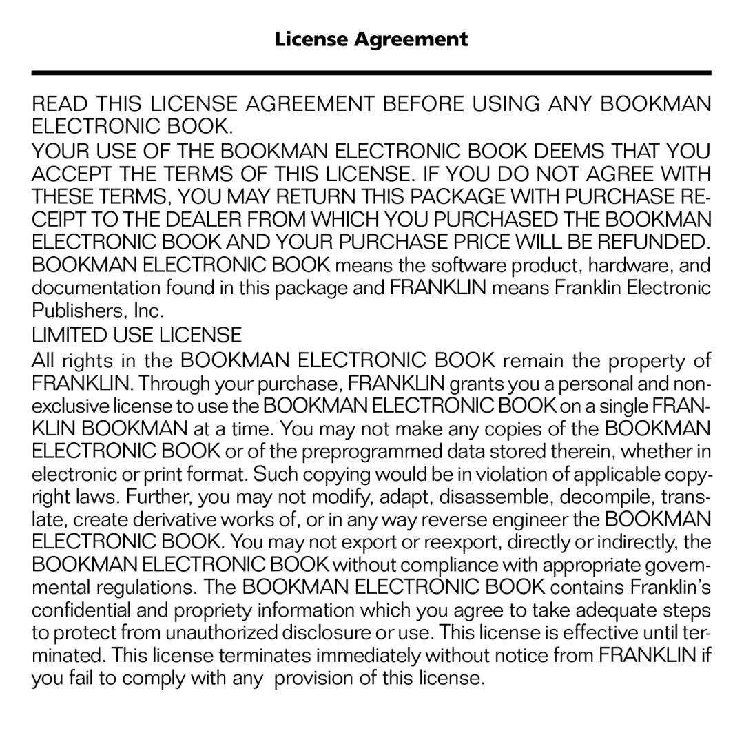 Franklin GWH-2055 manual Limited USE License, License Agreement 