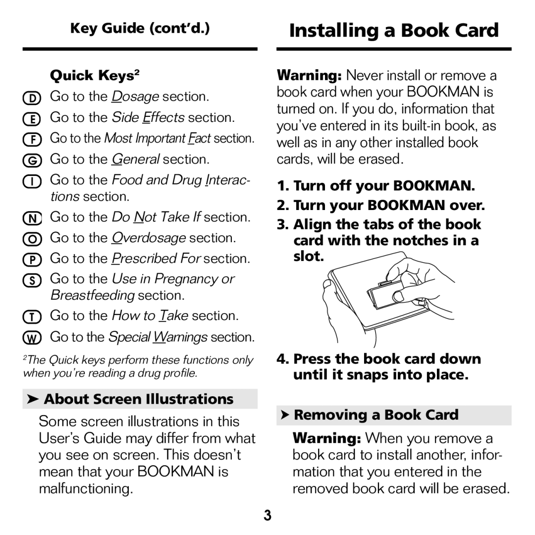 Franklin GWH-2055 manual Installing a Book Card, Key Guide cont’d Quick Keys2, About Screen Illustrations 