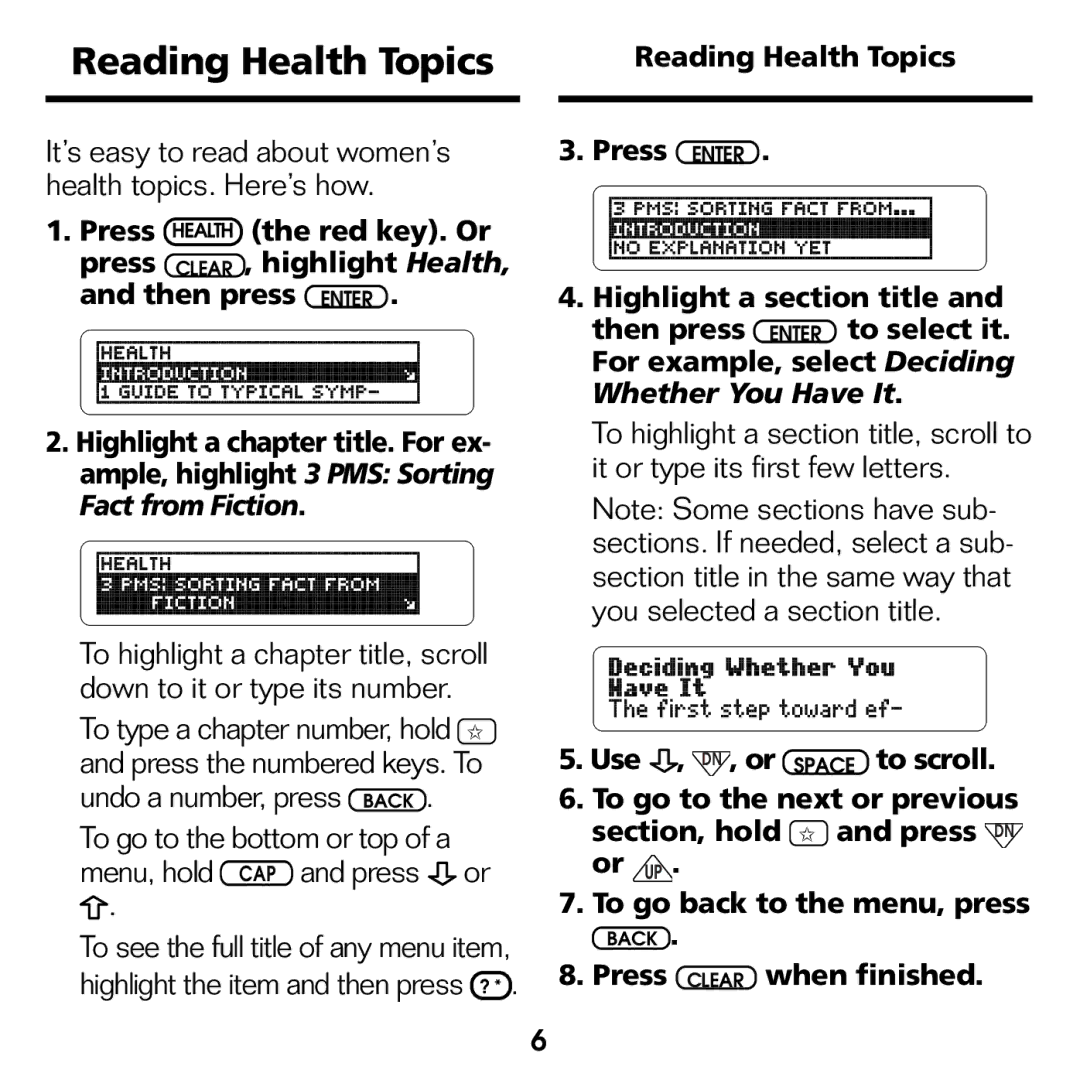 Franklin GWH-2055 manual Reading Health Topics, Use , DN , or Space to scroll, To go back to the menu, press 