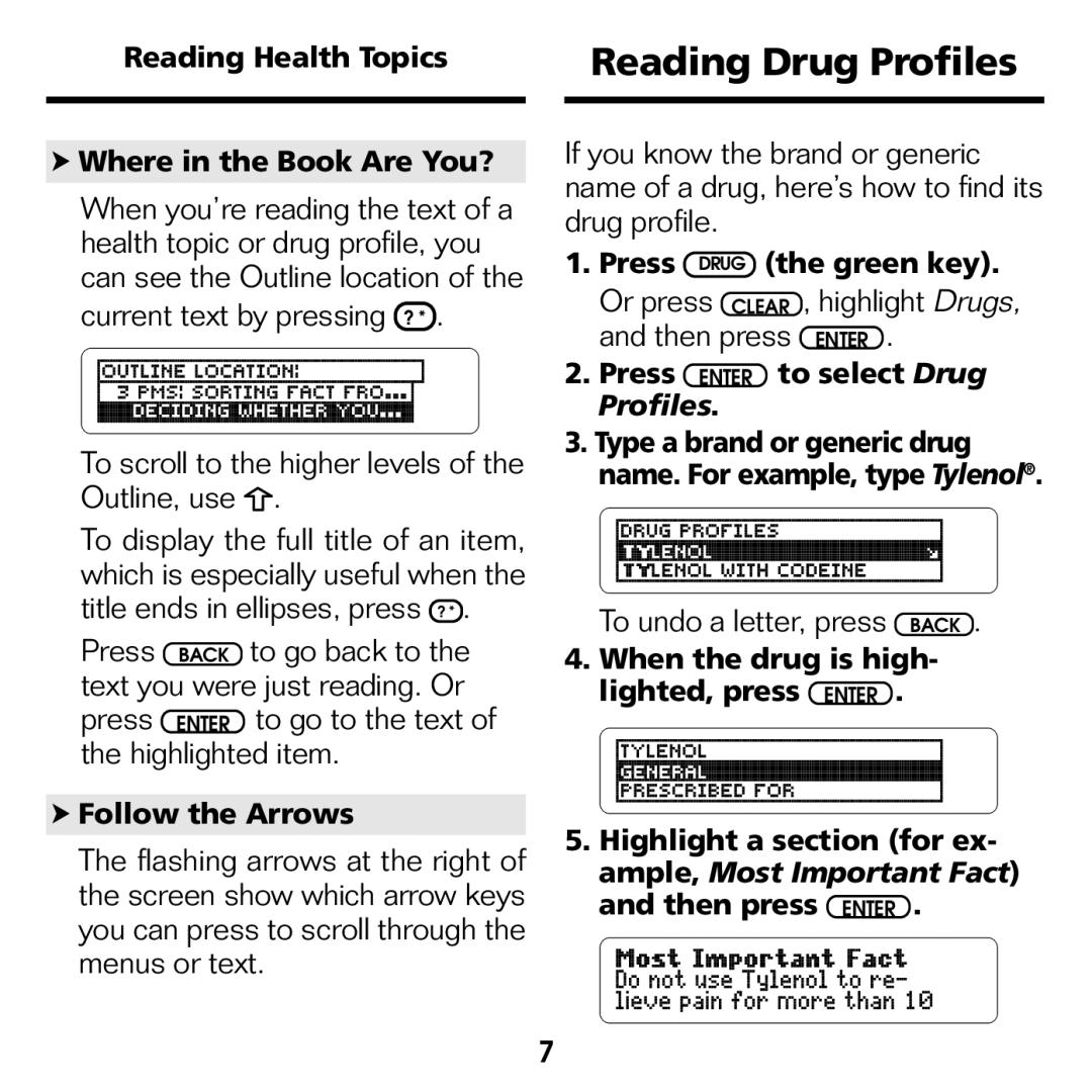 Franklin GWH-2055 manual Reading Drug Profiles, Reading Health Topics Where in the Book Are You?, Follow the Arrows 