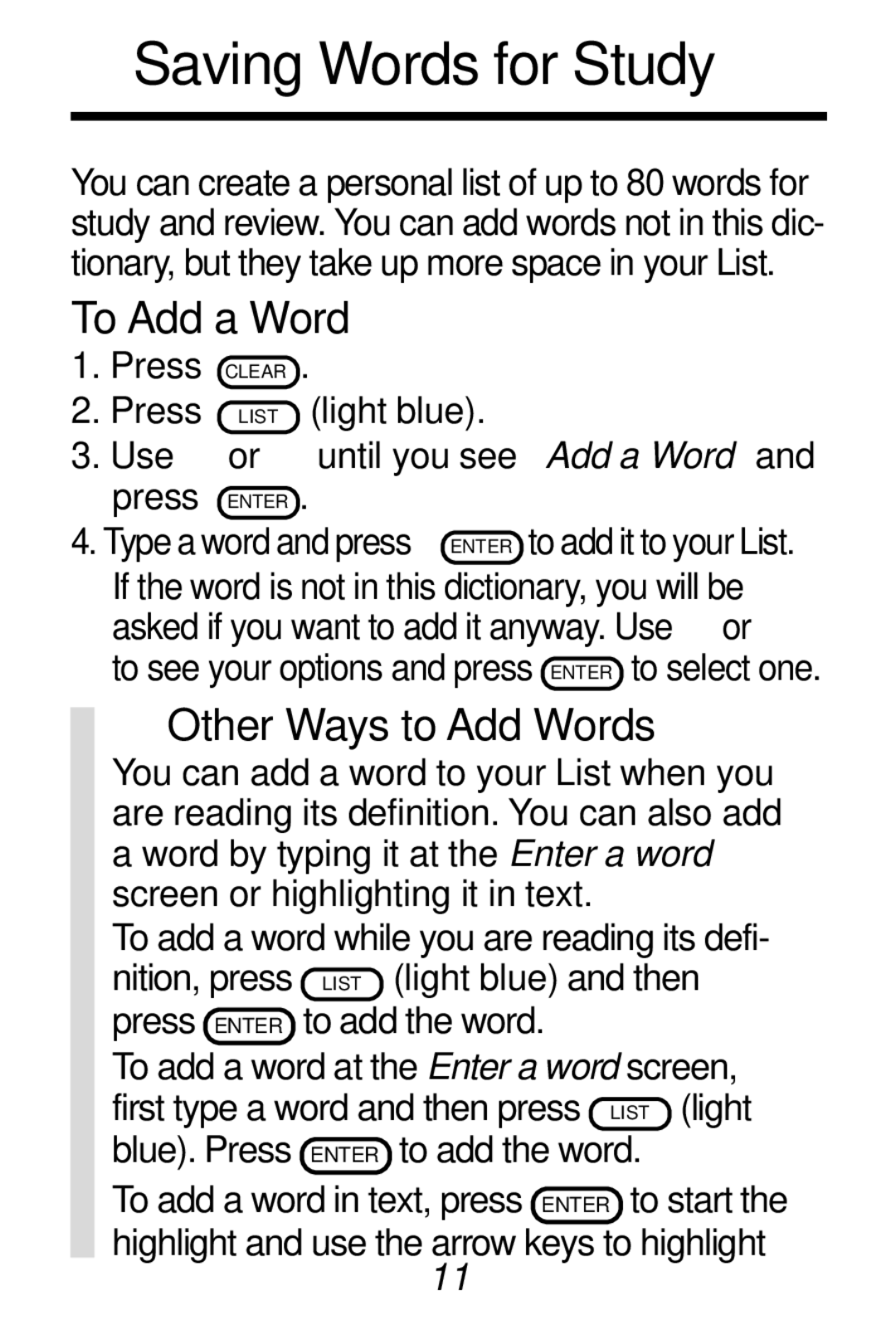 Franklin HW-216 manual Saving Words for Study, To Add a Word, Other Ways to Add Words 