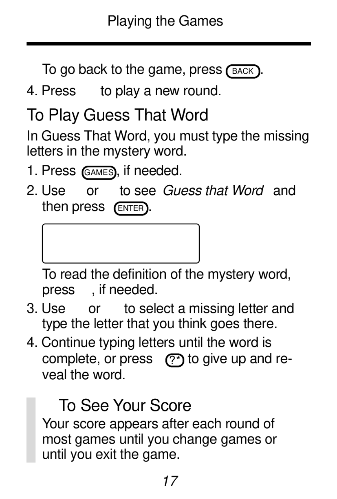 Franklin HW-216 manual To Play Guess That Word, To See Your Score 