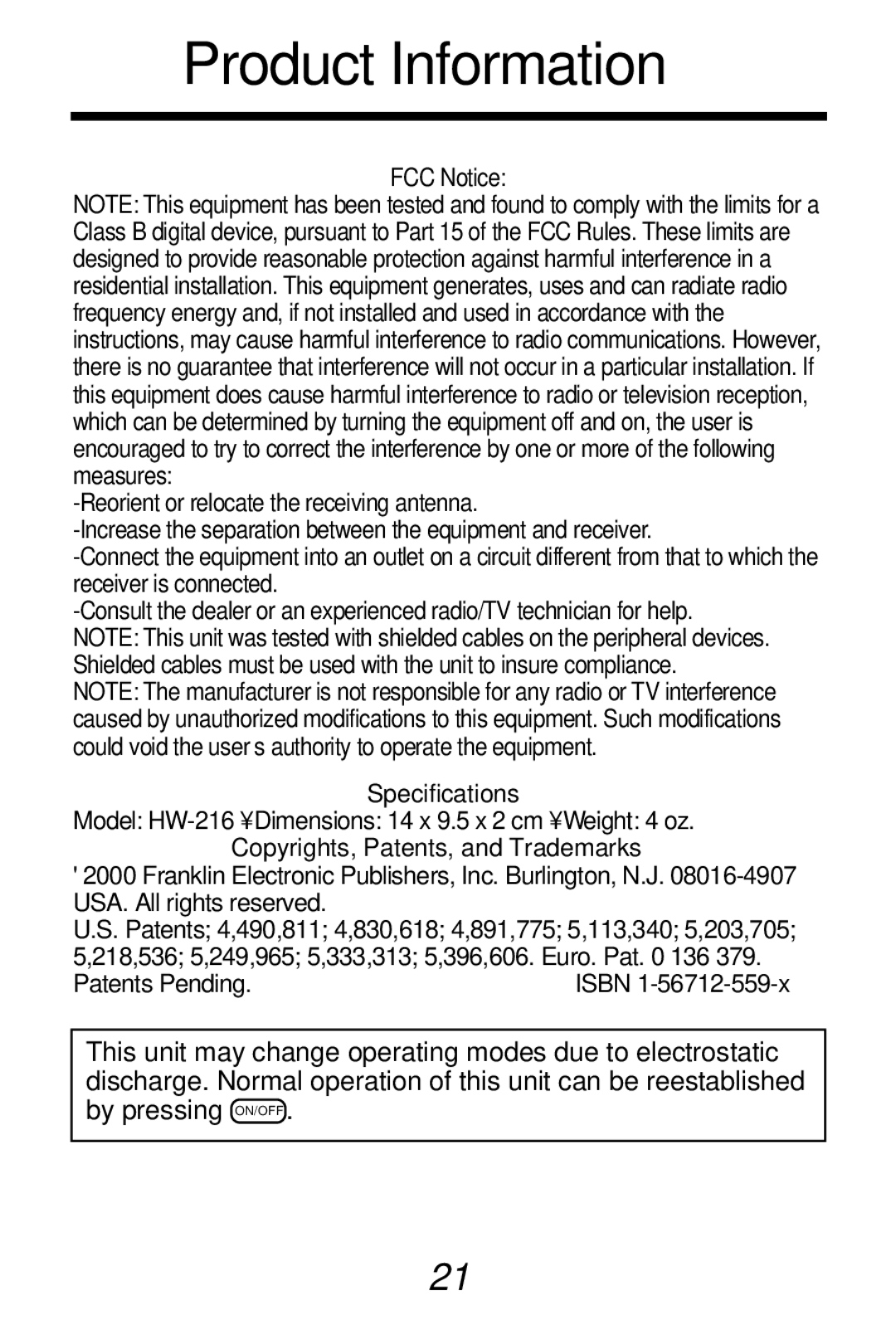 Franklin HW-216 manual Product Information, FCC Notice 