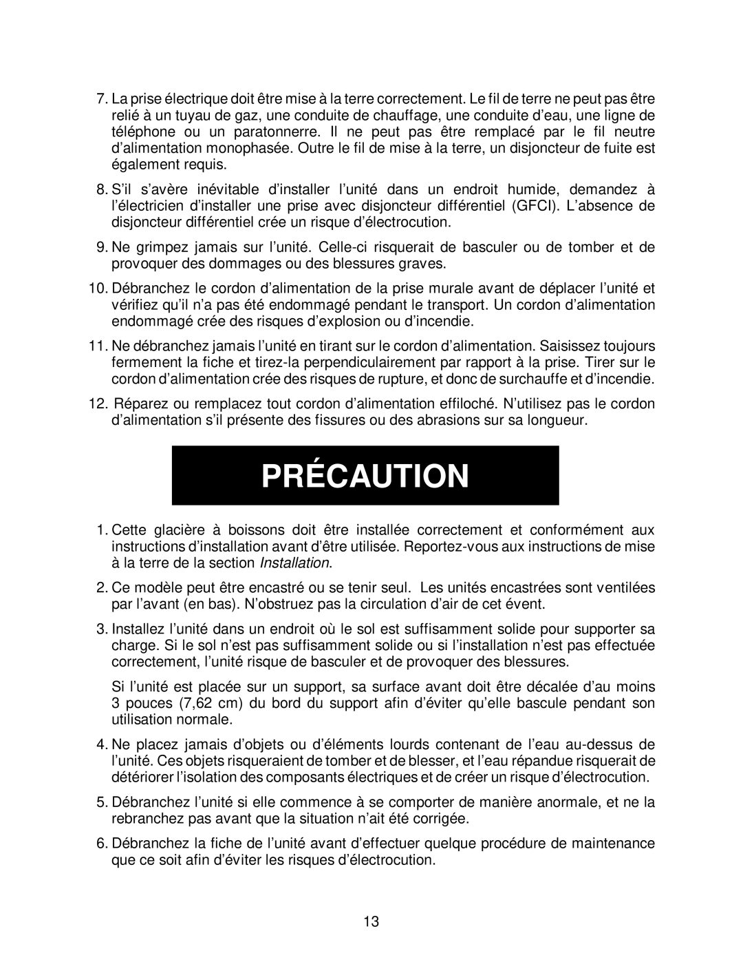 Franklin Industries, L.L.C FBC36OD manual Précaution 