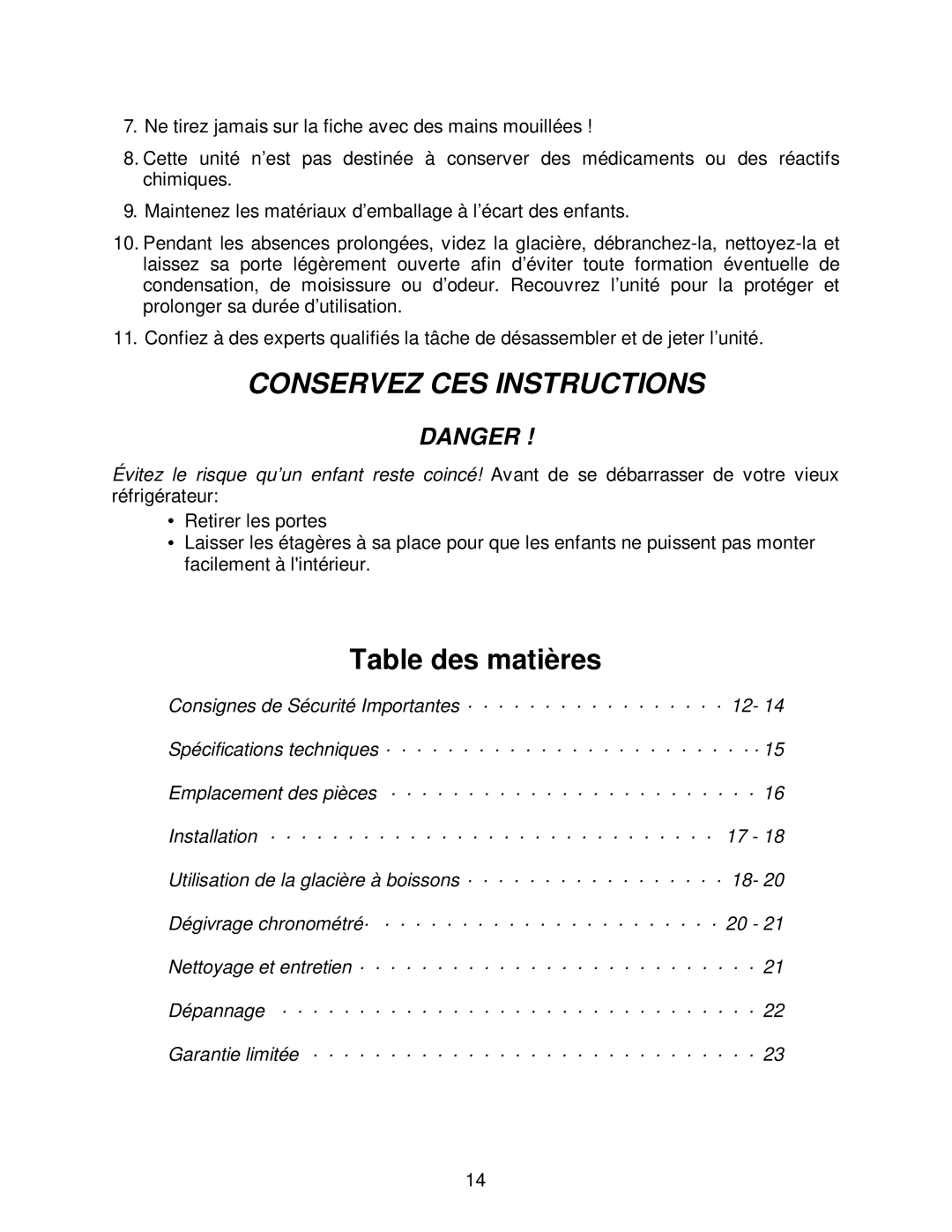 Franklin Industries, L.L.C FBC36OD manual Conservez CES Instructions, Table des matières 