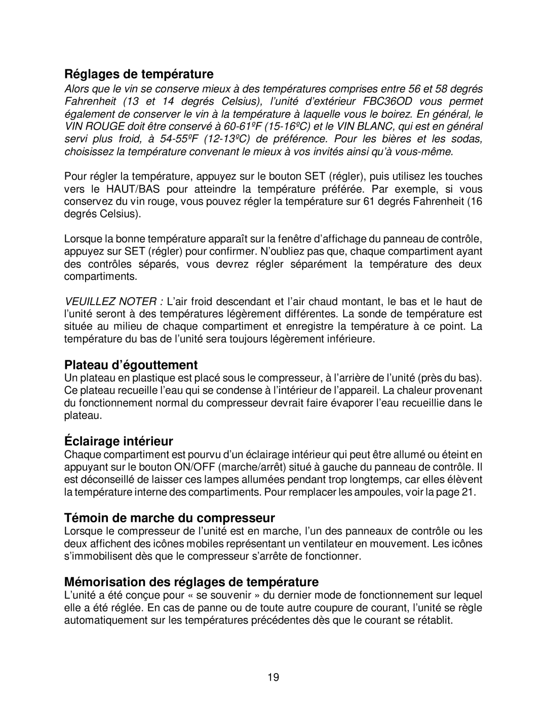 Franklin Industries, L.L.C FBC36OD manual Réglages de température, Plateau d’égouttement, Éclairage intérieur 