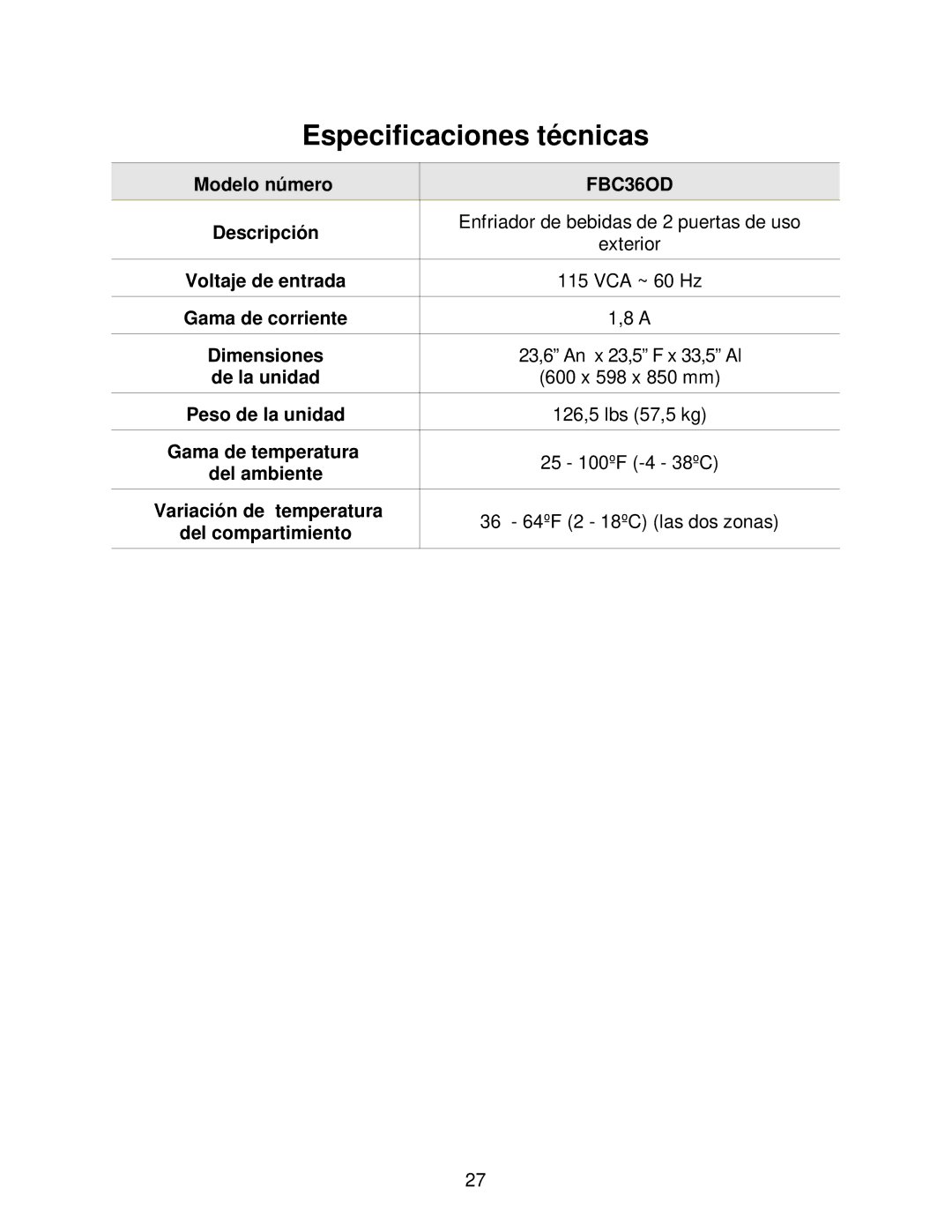 Franklin Industries, L.L.C FBC36OD manual Especificaciones técnicas 