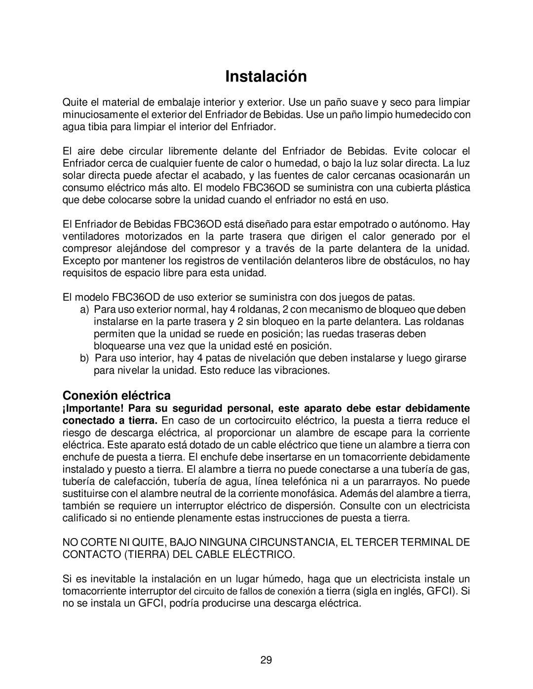 Franklin Industries, L.L.C FBC36OD manual Instalación, Conexión eléctrica 