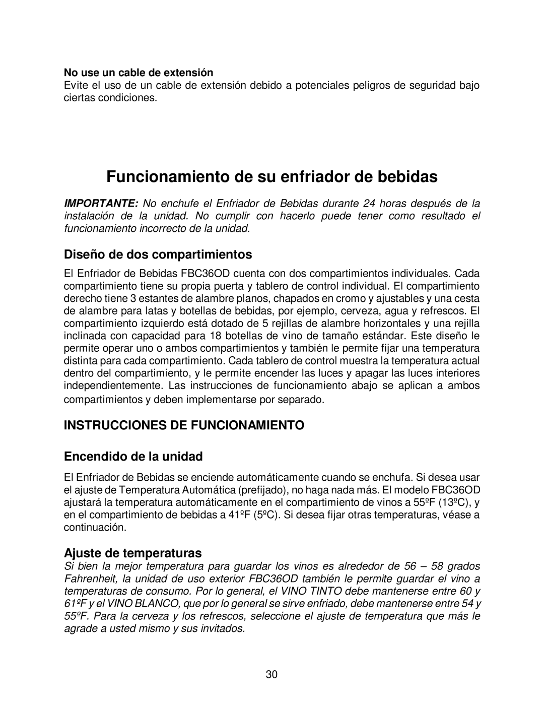 Franklin Industries, L.L.C FBC36OD manual Funcionamiento de su enfriador de bebidas, Diseño de dos compartimientos 