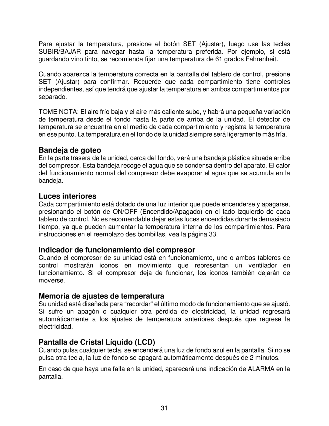 Franklin Industries, L.L.C FBC36OD manual Bandeja de goteo, Luces interiores, Indicador de funcionamiento del compresor 