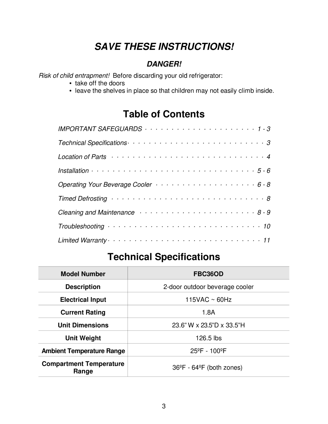 Franklin Industries, L.L.C FBC36OD manual Table of Contents, Technical Specifications 