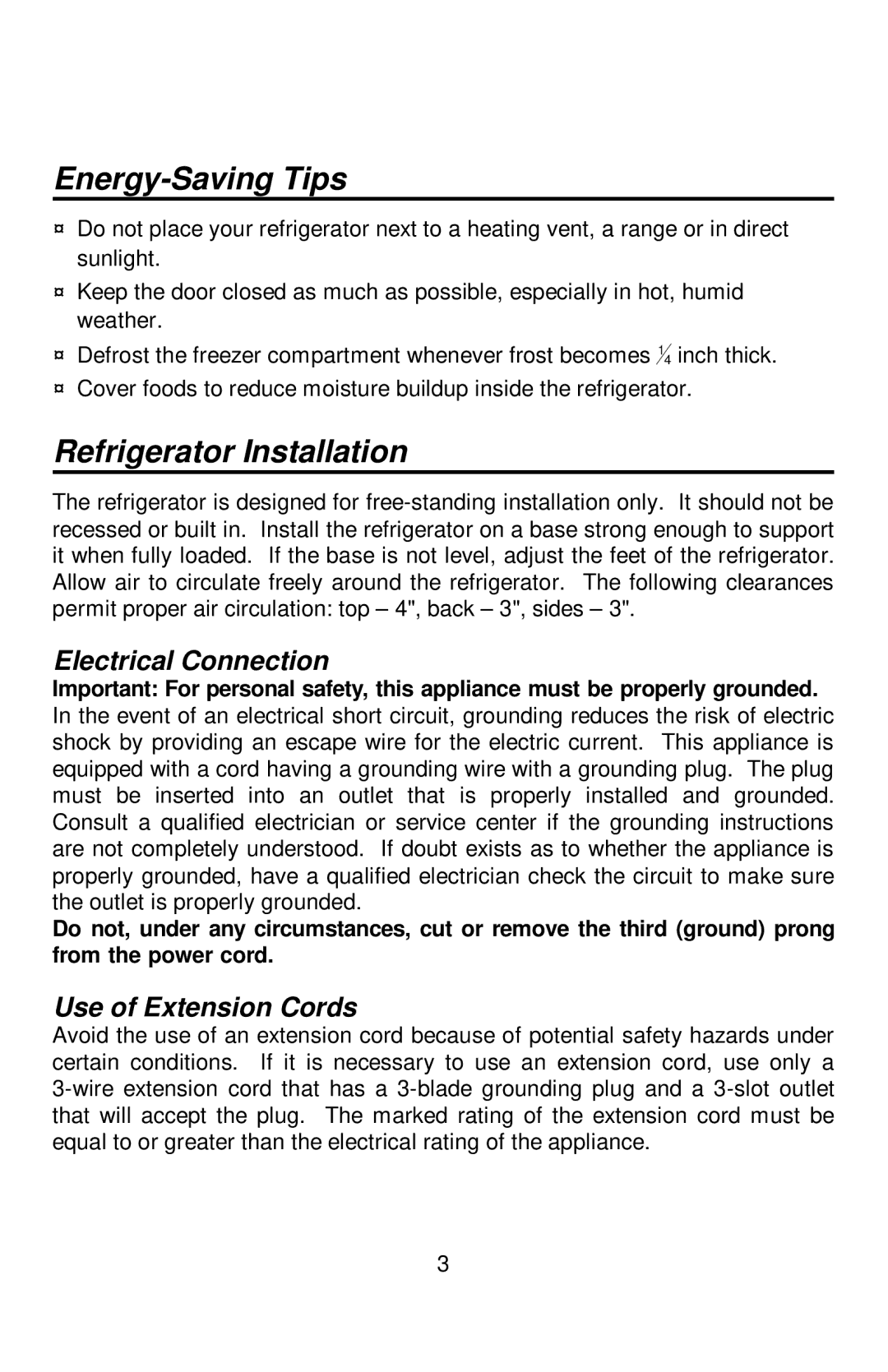 Franklin Industries, L.L.C FC-380 Series manual Energy-Saving Tips, Refrigerator Installation, Electrical Connection 