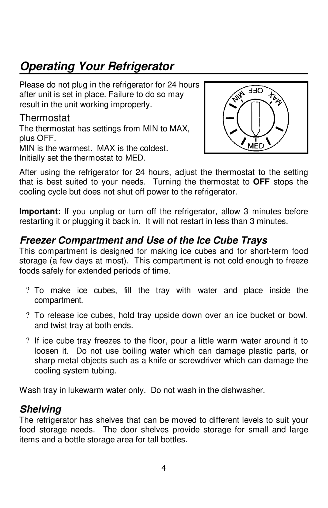 Franklin Industries, L.L.C FC-380 Series Operating Your Refrigerator, Freezer Compartment and Use of the Ice Cube Trays 