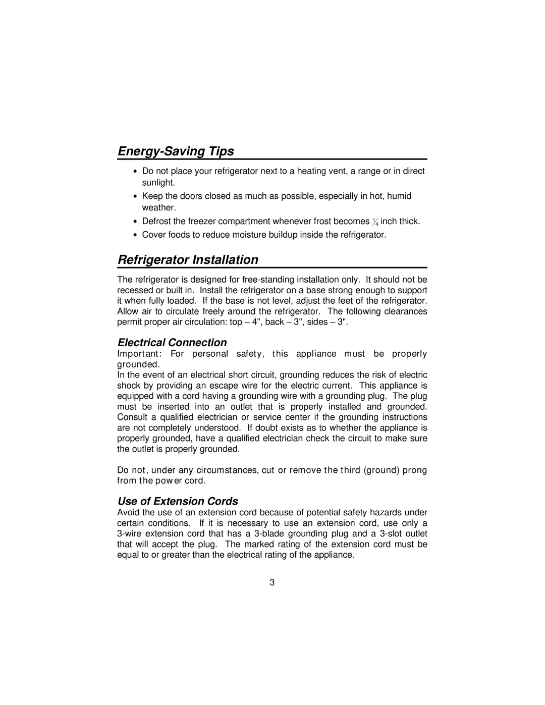 Franklin Industries, L.L.C FCD-400 manual Energy-Saving Tips, Refrigerator Installation, Electrical Connection 