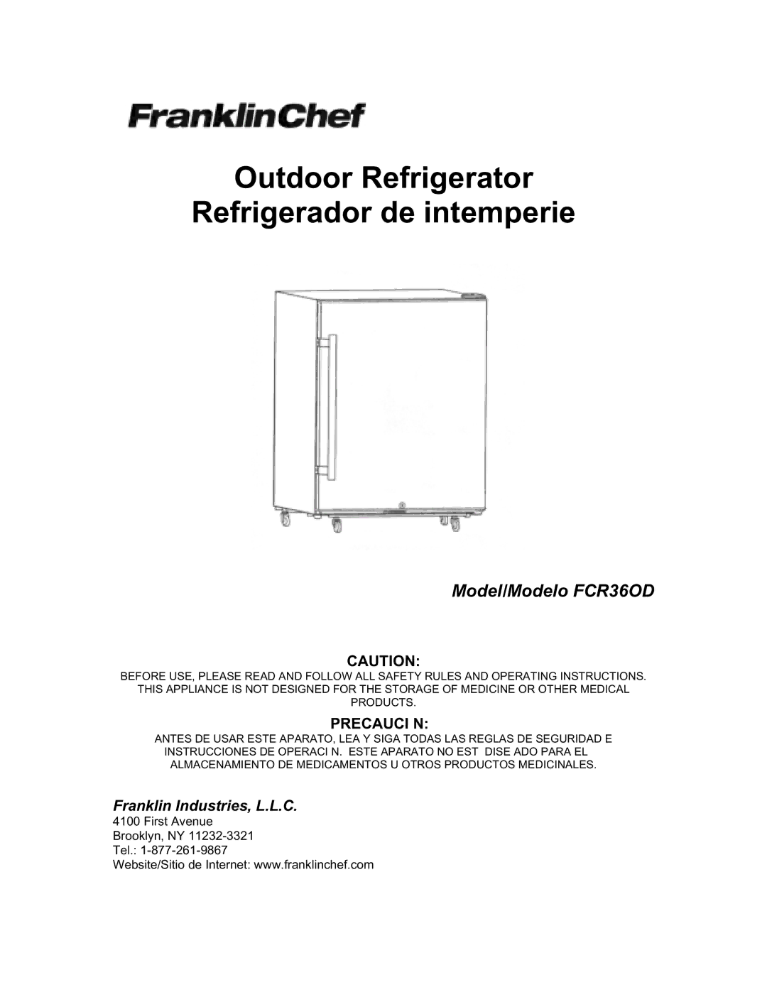 Franklin Industries, L.L.C manual Outdoor Refrigerator Refrigerador de intemperie, Model/Modelo FCR36OD 