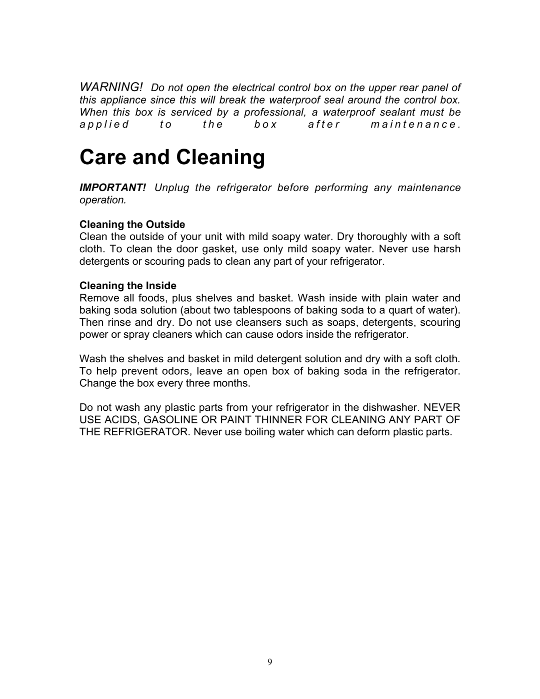 Franklin Industries, L.L.C FCR36OD manual Care and Cleaning, Cleaning the Outside, Cleaning the Inside 