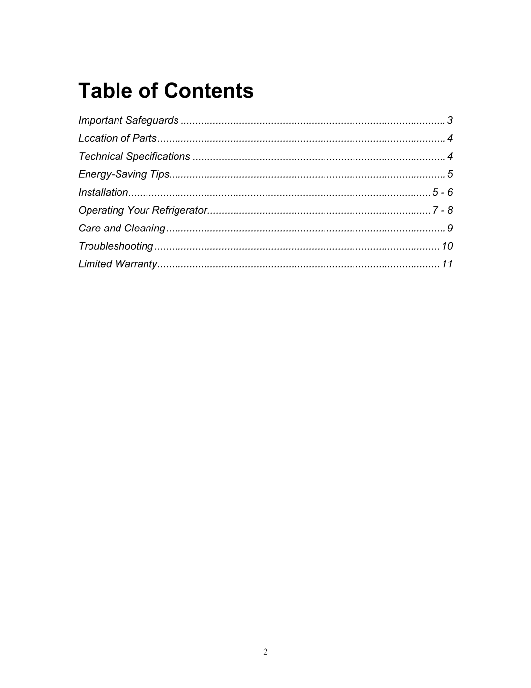 Franklin Industries, L.L.C FCR36OD manual Table of Contents 