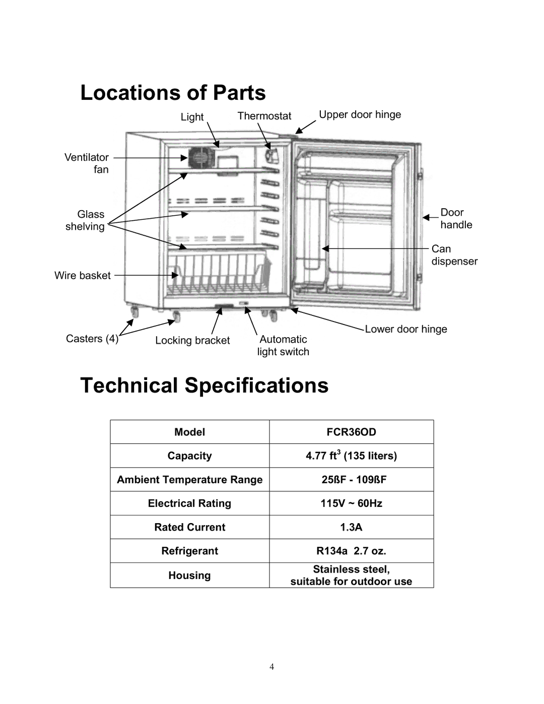 Franklin Industries, L.L.C FCR36OD manual Locations of Parts, Technical Specifications 