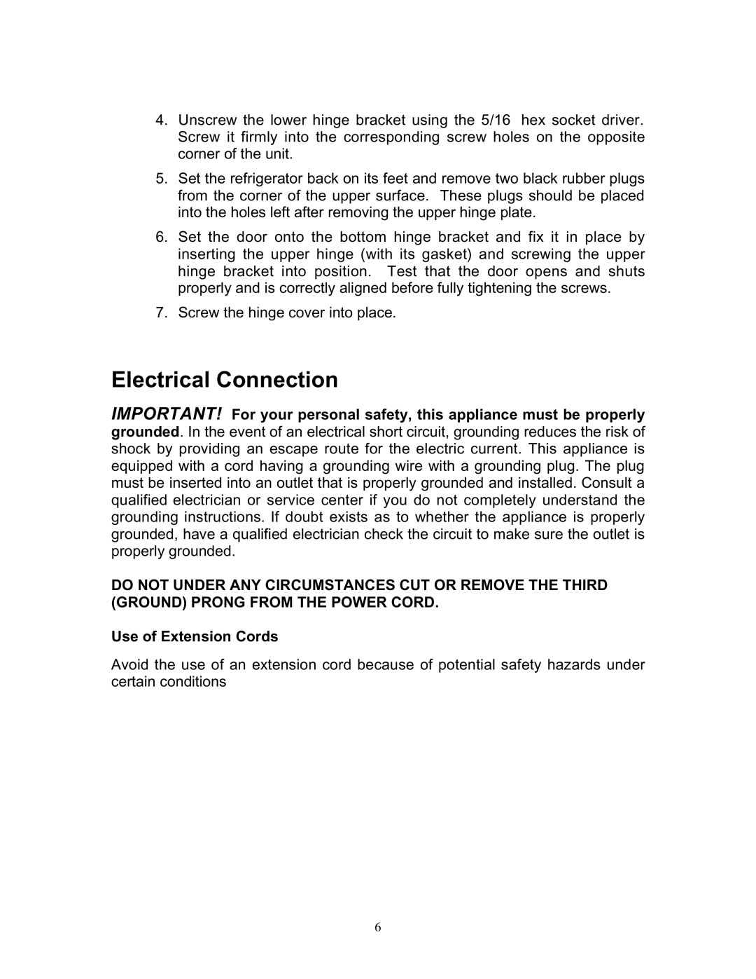 Franklin Industries, L.L.C FCR36OD manual Electrical Connection, Use of Extension Cords 