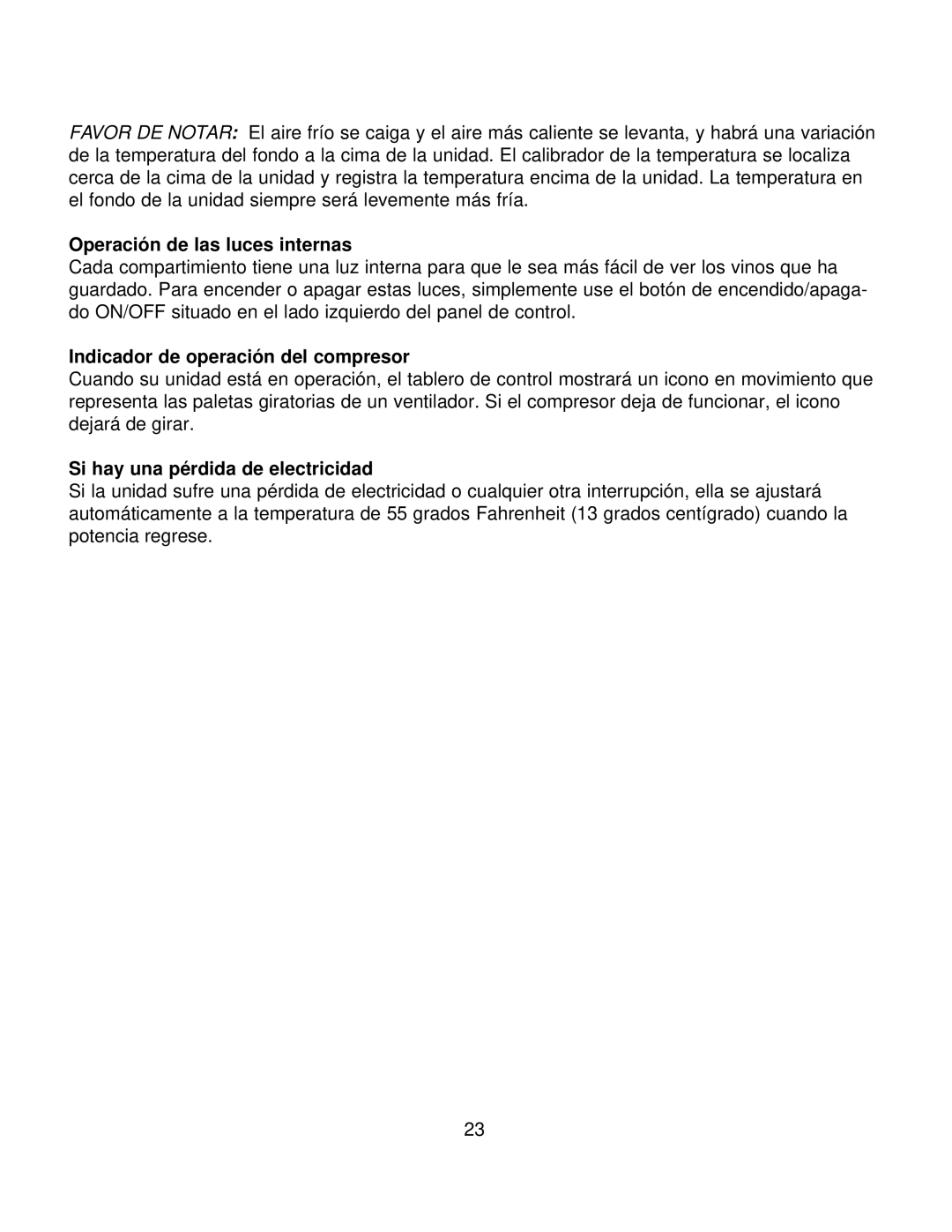 Franklin Industries, L.L.C FCW100 manual Operación de las luces internas, Indicador de operación del compresor 