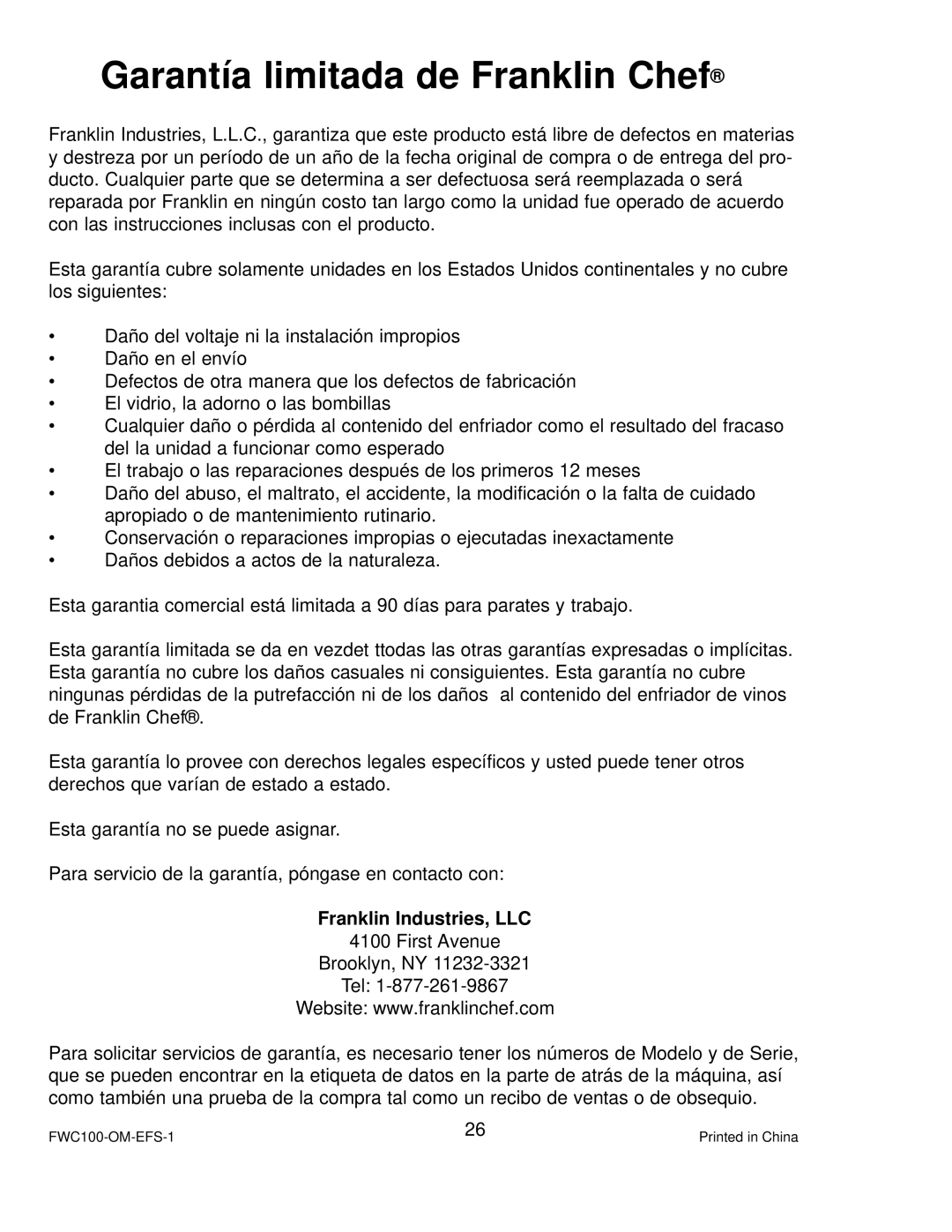 Franklin Industries, L.L.C FCW100 manual Garantía limitada de Franklin Chef, Franklin Industries, LLC 