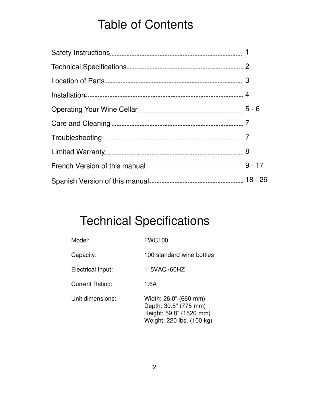 Franklin Industries, L.L.C FCW100 manual Table of Contents, Technical Specifications 