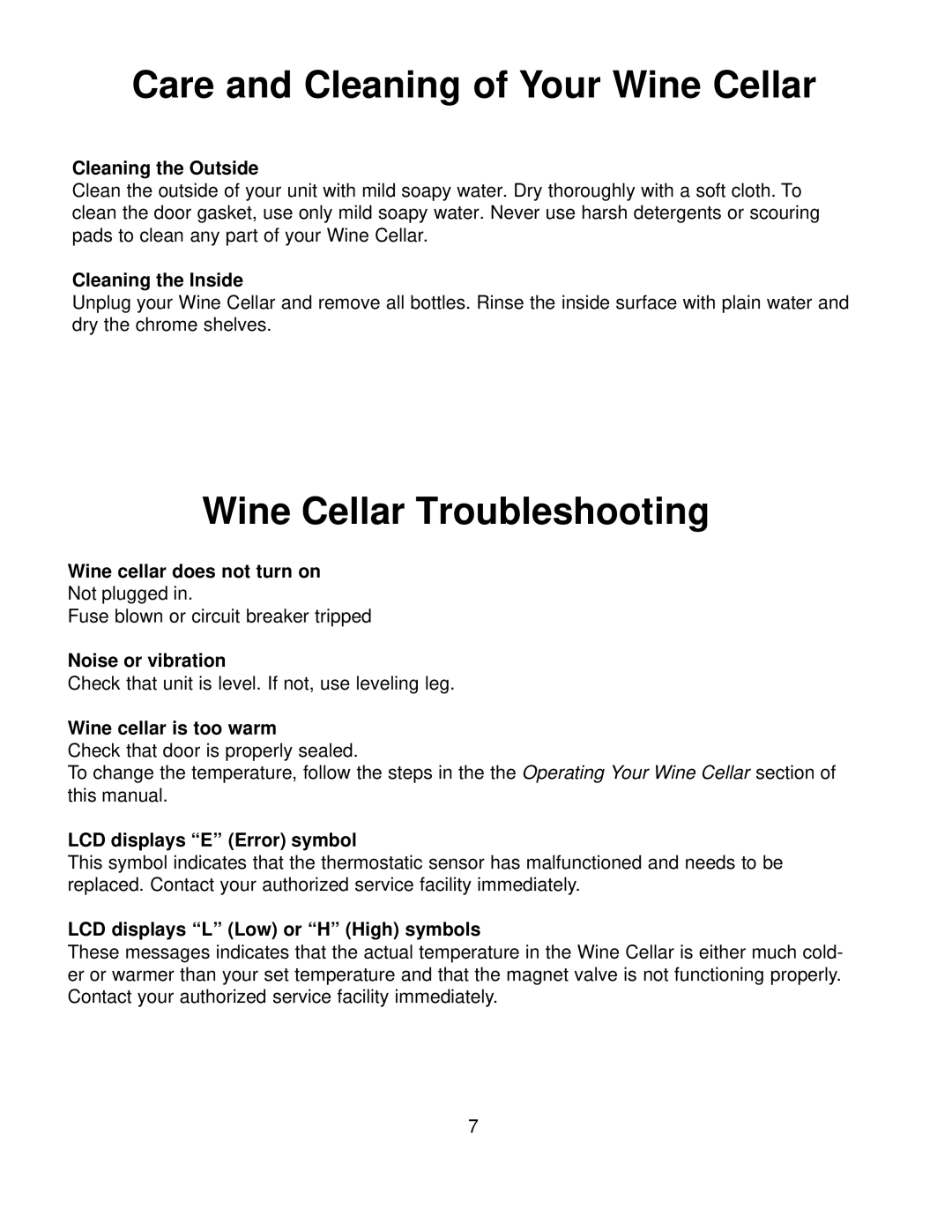 Franklin Industries, L.L.C FCW100 manual Care and Cleaning of Your Wine Cellar, Wine Cellar Troubleshooting 