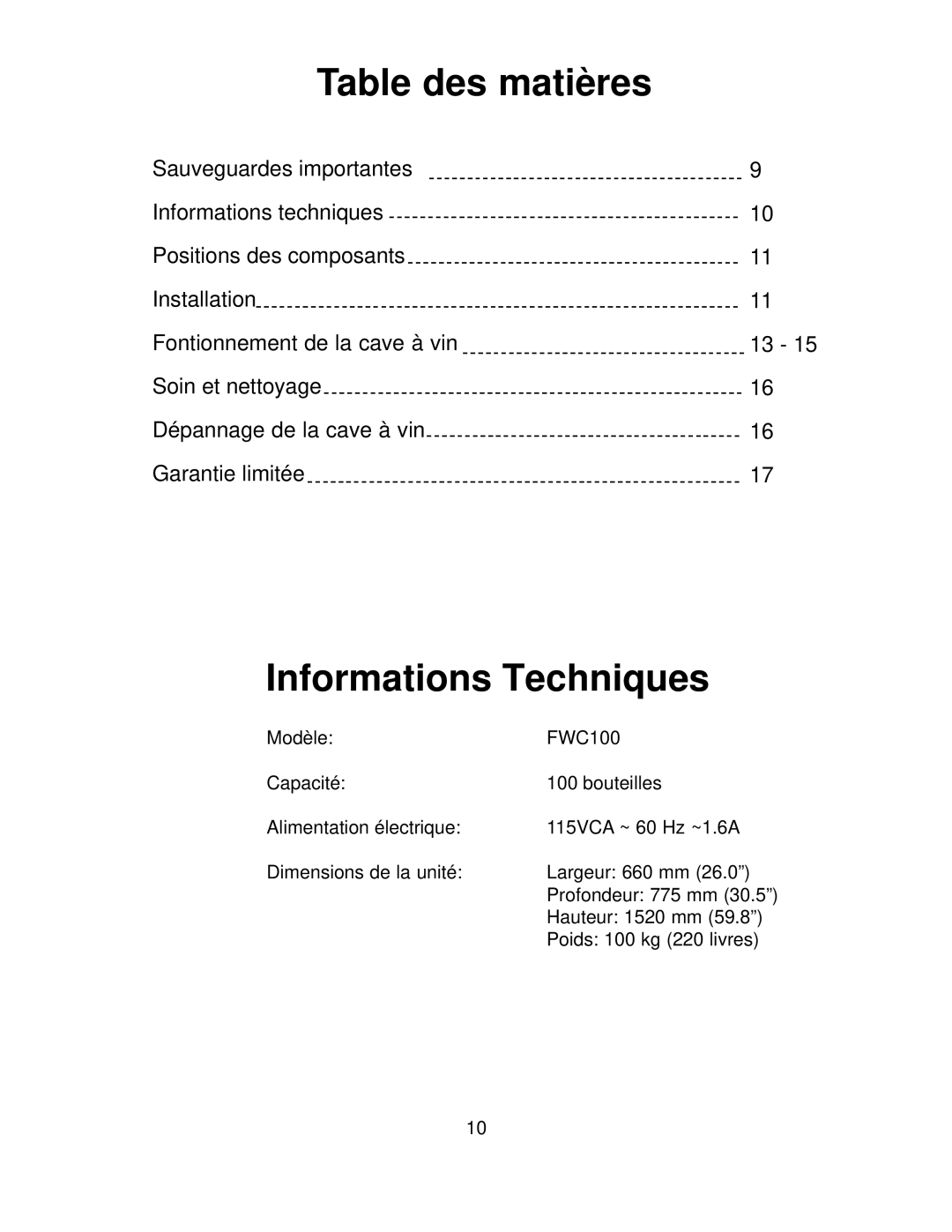 Franklin Industries, L.L.C FCW100 manual Table des matières, Informations Techniques 