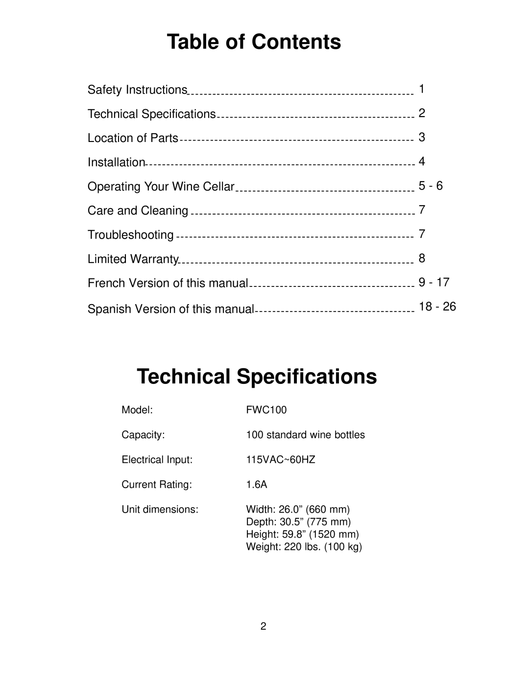 Franklin Industries, L.L.C FCW100 manual Table of Contents, Technical Specifications 