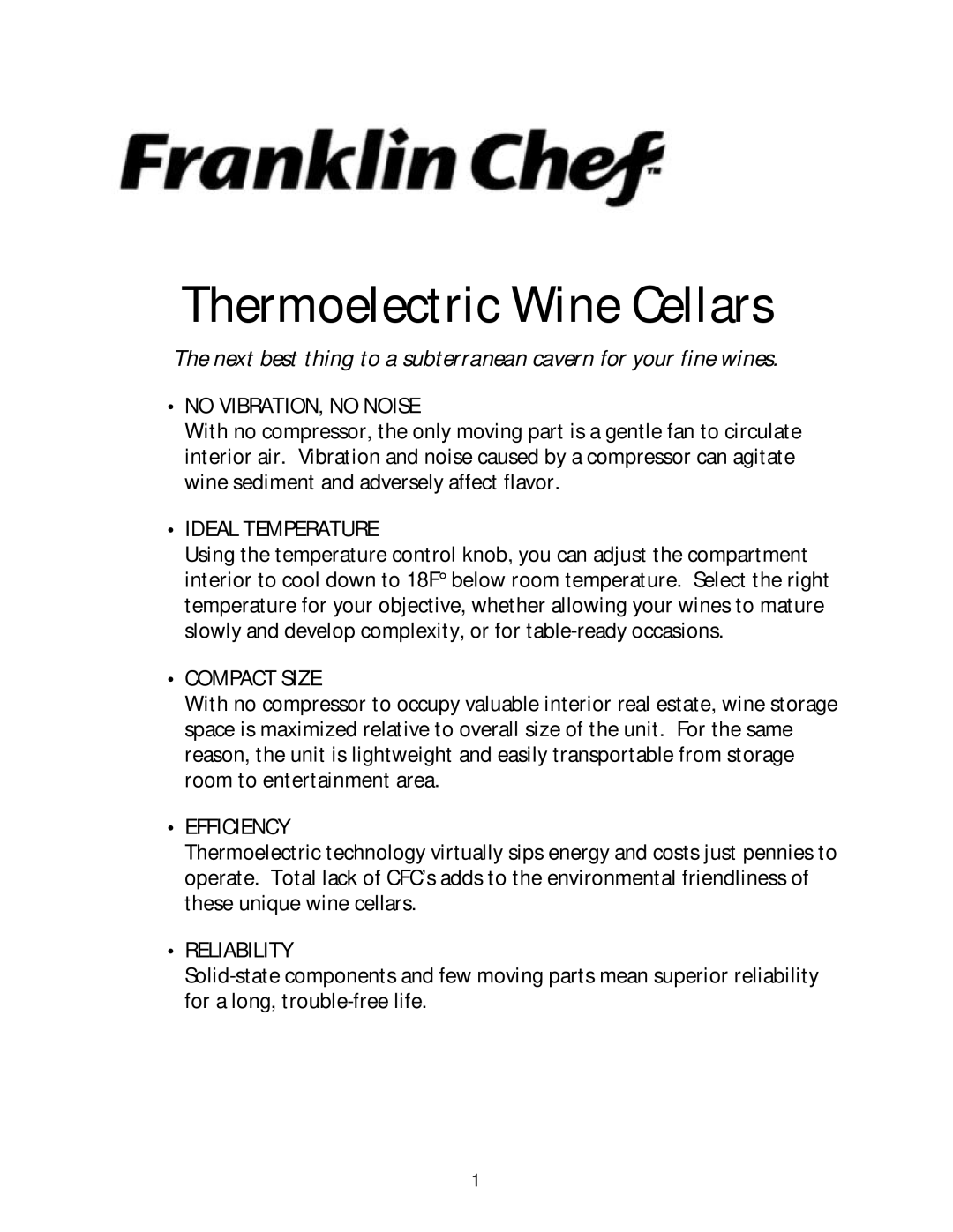 Franklin Industries, L.L.C FCW16T, FCW20TC manual Thermoelectric Wine Cellars 