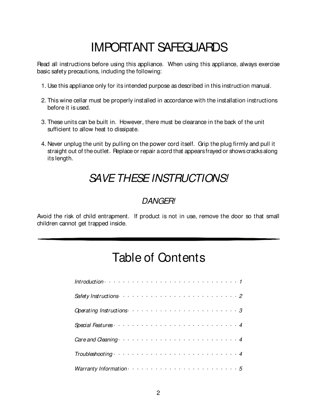 Franklin Industries, L.L.C FCW16T, FCW20TC manual Important Safeguards, Table of Contents 