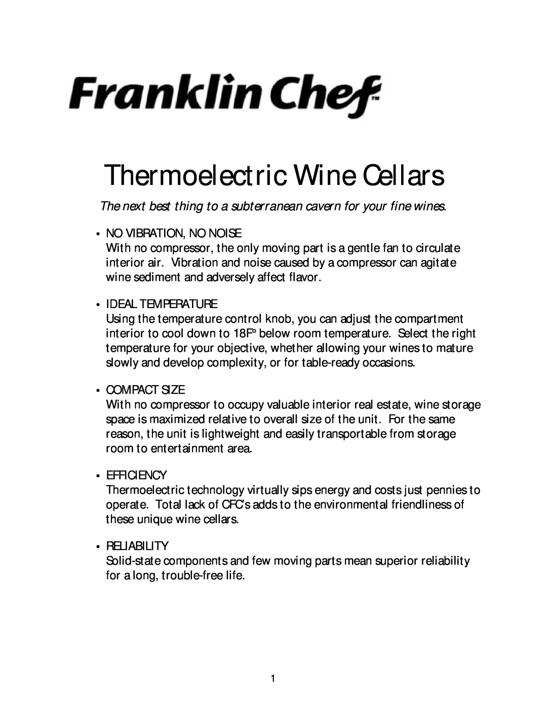 Franklin Industries, L.L.C FCW16T, FCW20TC manual Thermoelectric Wine Cellars 