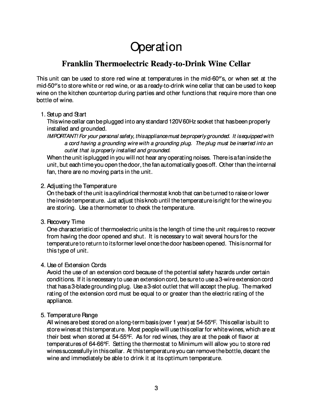 Franklin Industries, L.L.C FCW20TC, FCW16T Operation, Franklin Thermoelectric Ready-to-DrinkWine Cellar, Setup and Start 